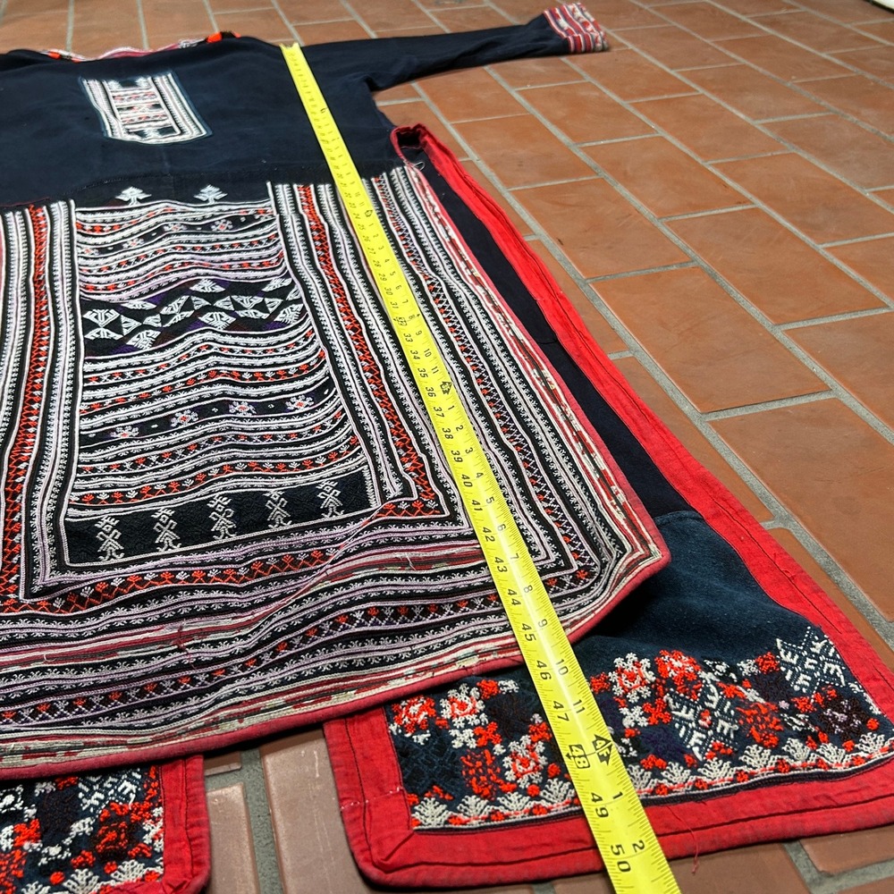 Vintage Hmong Tribal Robe Coat Indigo Hand Embroidered Long Duster Jacket Black - Picture 6 of 6